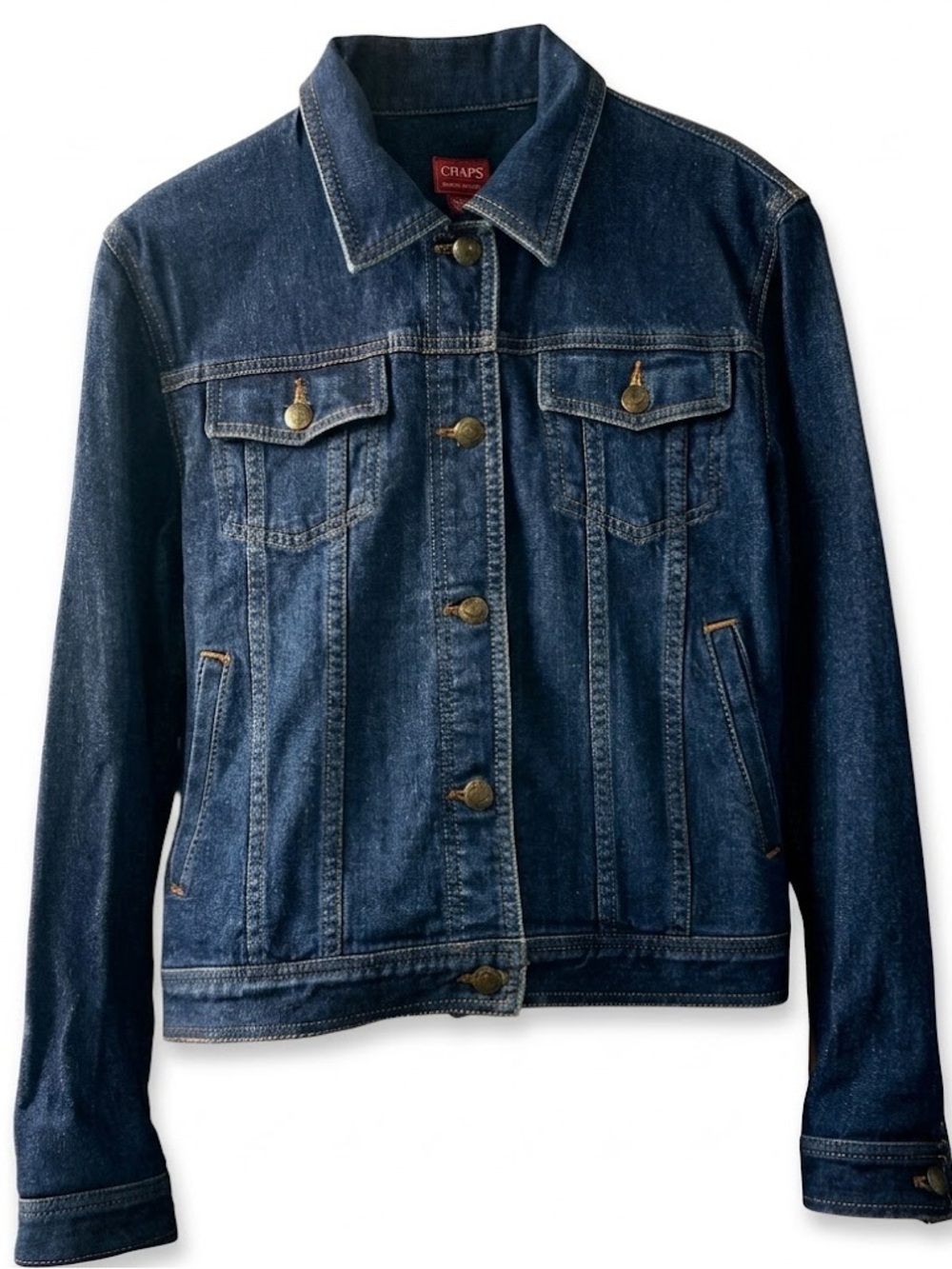 Chaps Dark Wash Denim Jean Jacket Medium Stretch Button Front Trucker EUC